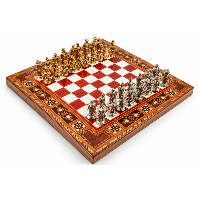  Decorative Wooden Chess Set with Metal Historical Figures – 25 cm 